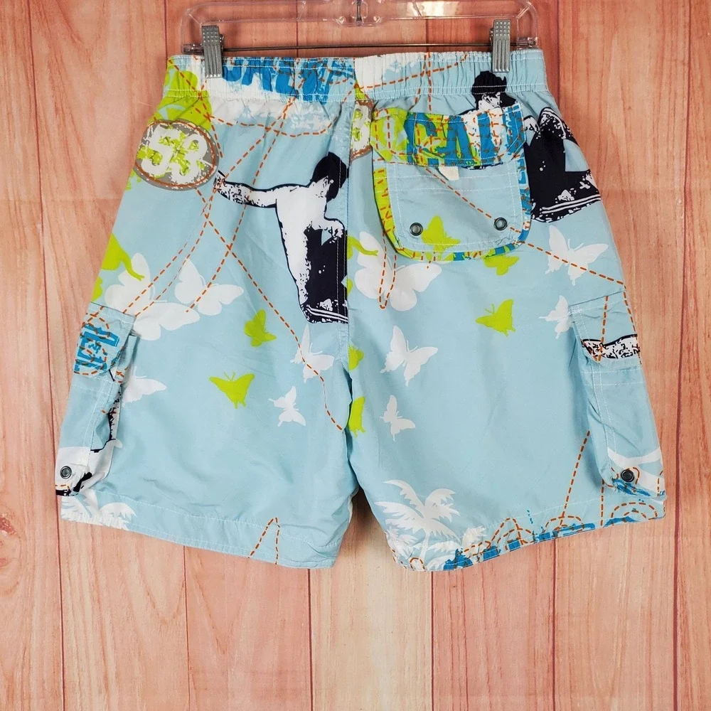 Abercrombie & Fitch Mens Board Shorts Sz Medium Light Blue Graphic Map Y2K